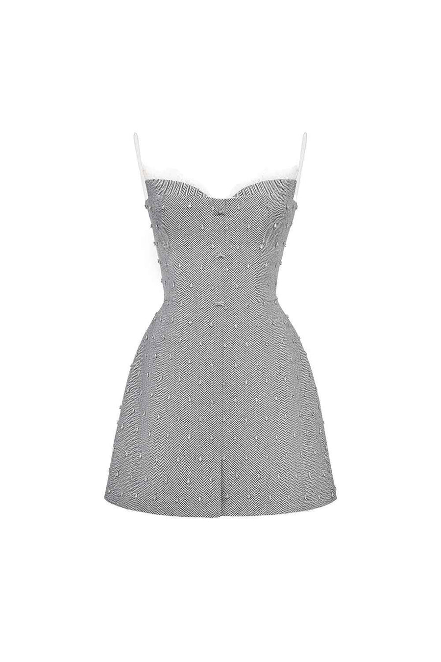 Grey Harringbone Crystal Beaded Dress