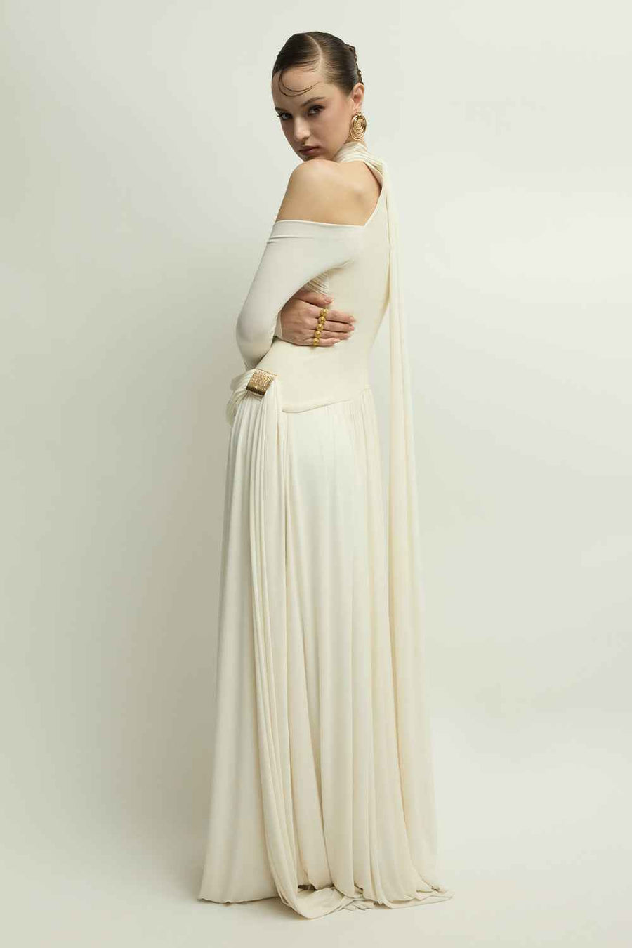 Eira Cold Shoulder Sleeve Draped Maxi Dress