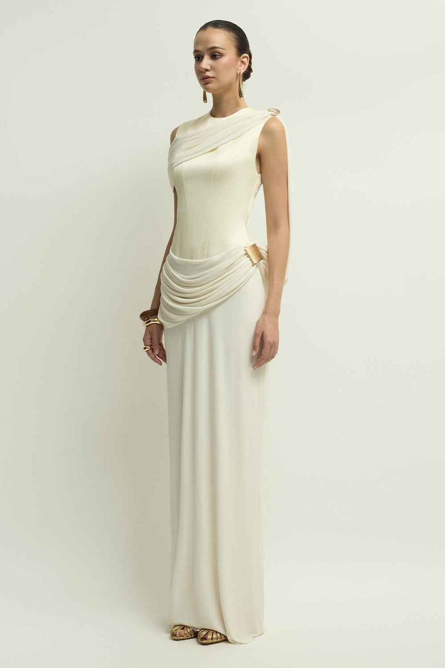 Nimes Round Neck Draped Maxi Dress