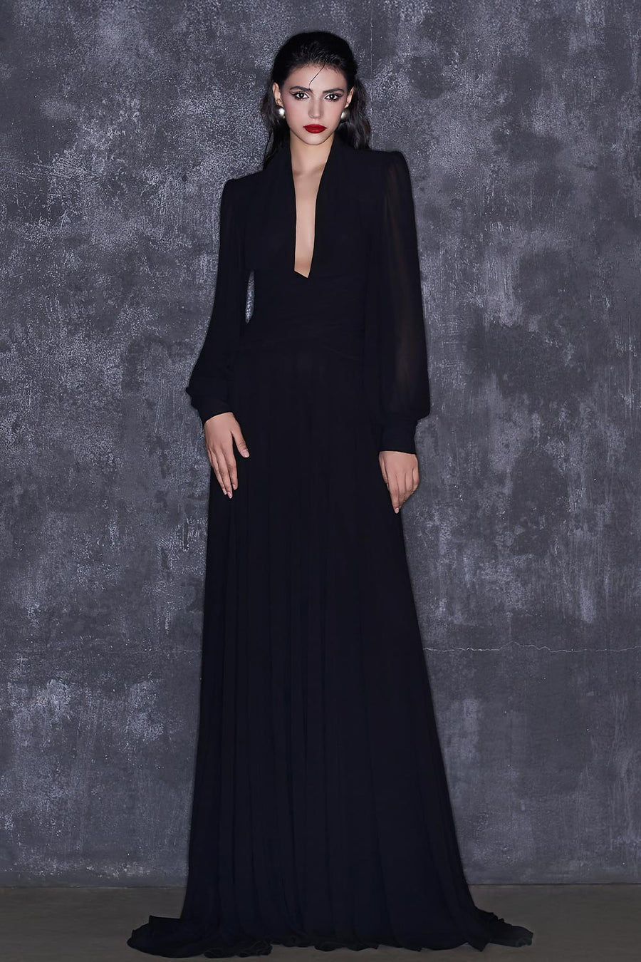 Beatrice Fit and Flare Plunge Neck Chiffon Floor Length Dress Maxi Dress CEM