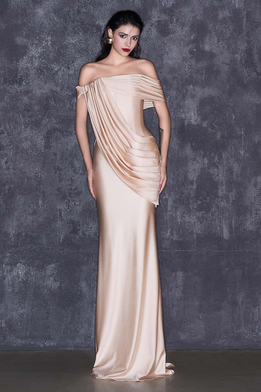 Fernanda Asymmetric Off-Shoulder Spandex Floor Length Dress Gown Dress CEM