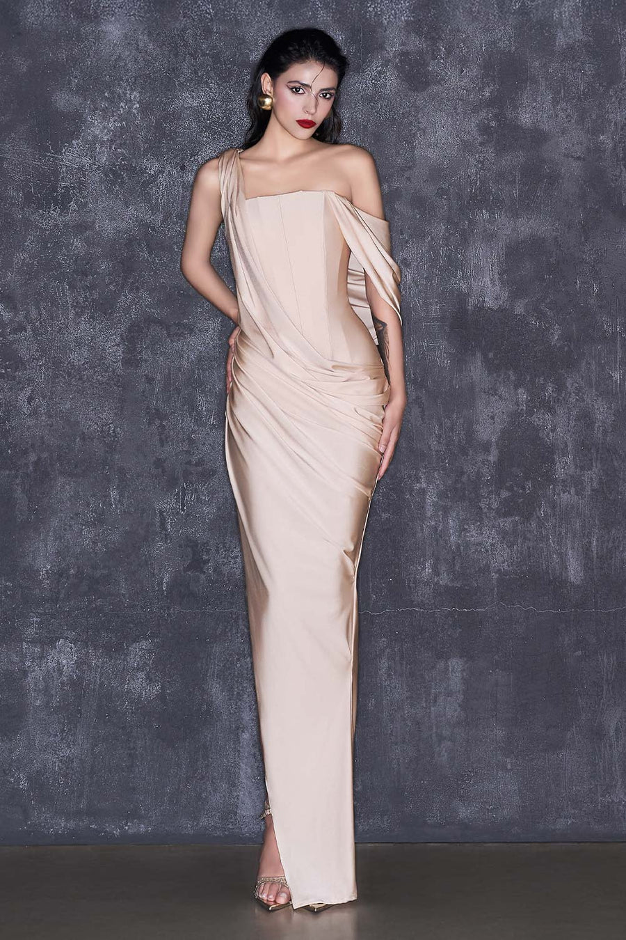 Mavis Bodycon Asymmetric Sleeved Spandex Floor Length Dress Gown Dress CEM