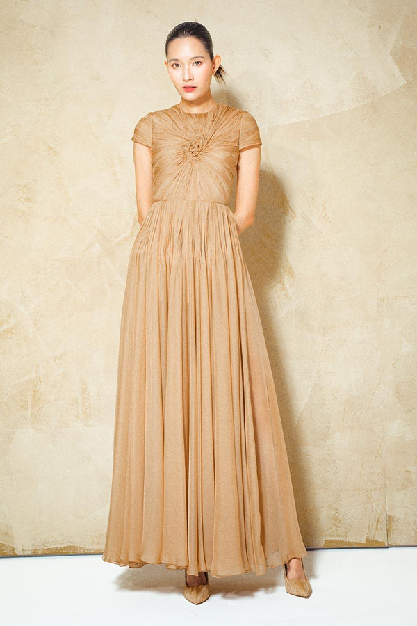 Magnolia Gathered Short Sleeved Organza Voile Ankle Length Dress