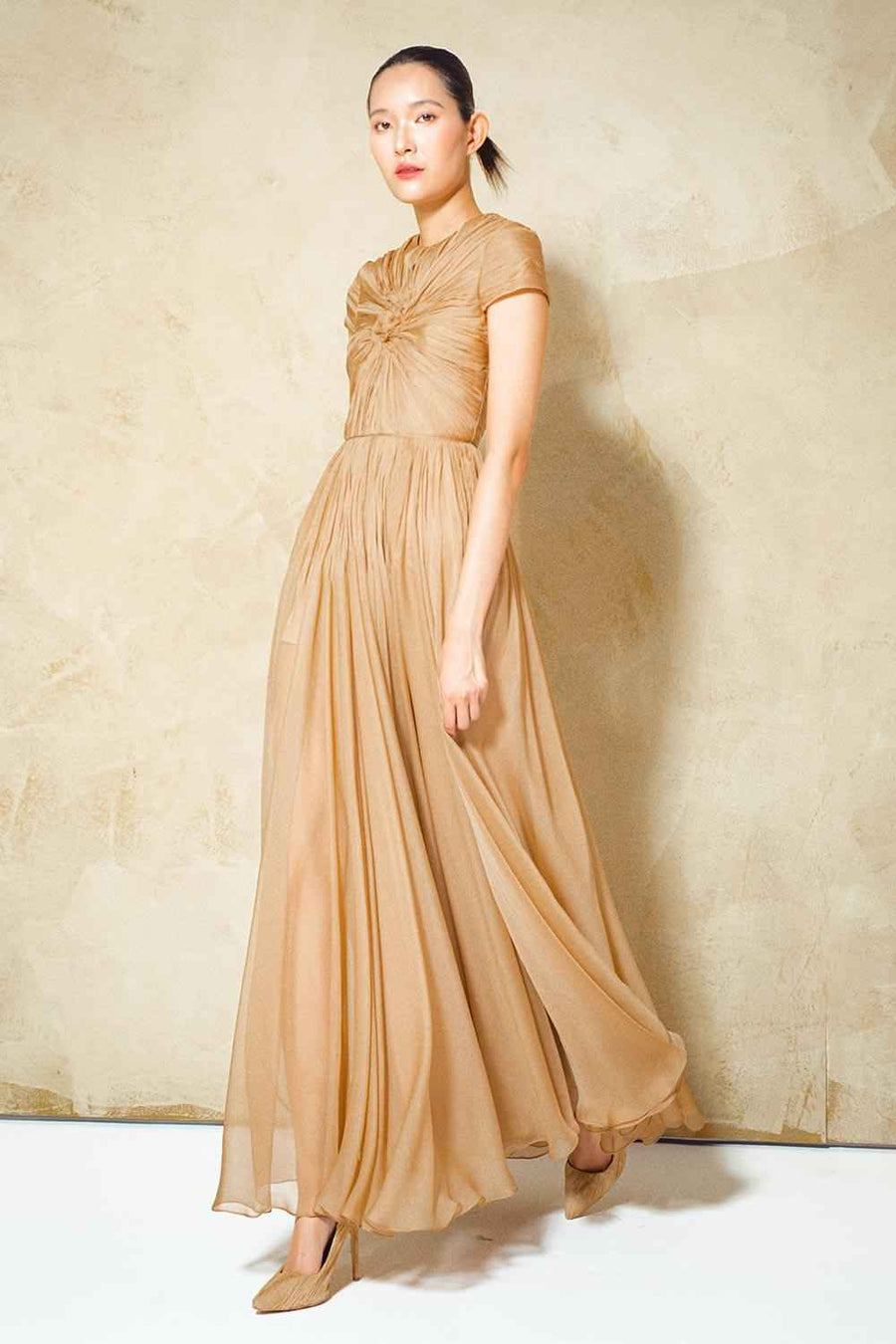 Magnolia Gathered Short Sleeved Organza Voile Ankle Length Dress