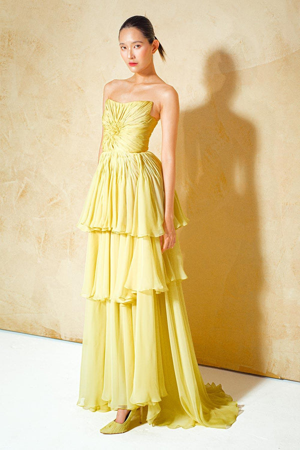 Carnation Layered Twisted Organza Voile Floor Length Dress