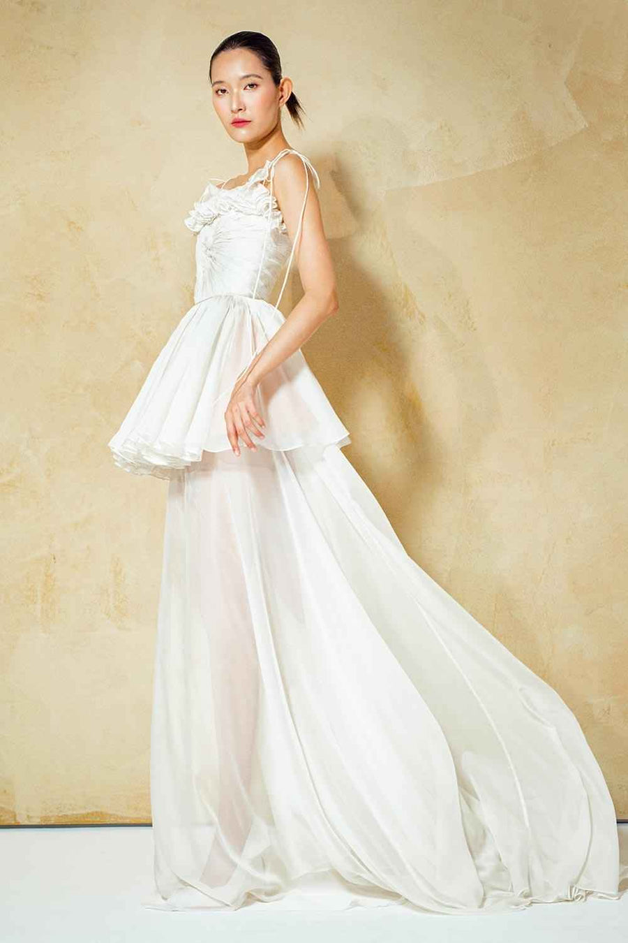 Parrish Layered Spaghetti Strap Organza Voile Floor Length Dress