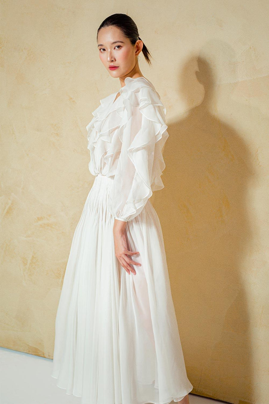 Primrose Blouson V-Neck Organza Voile Midi Dress 3