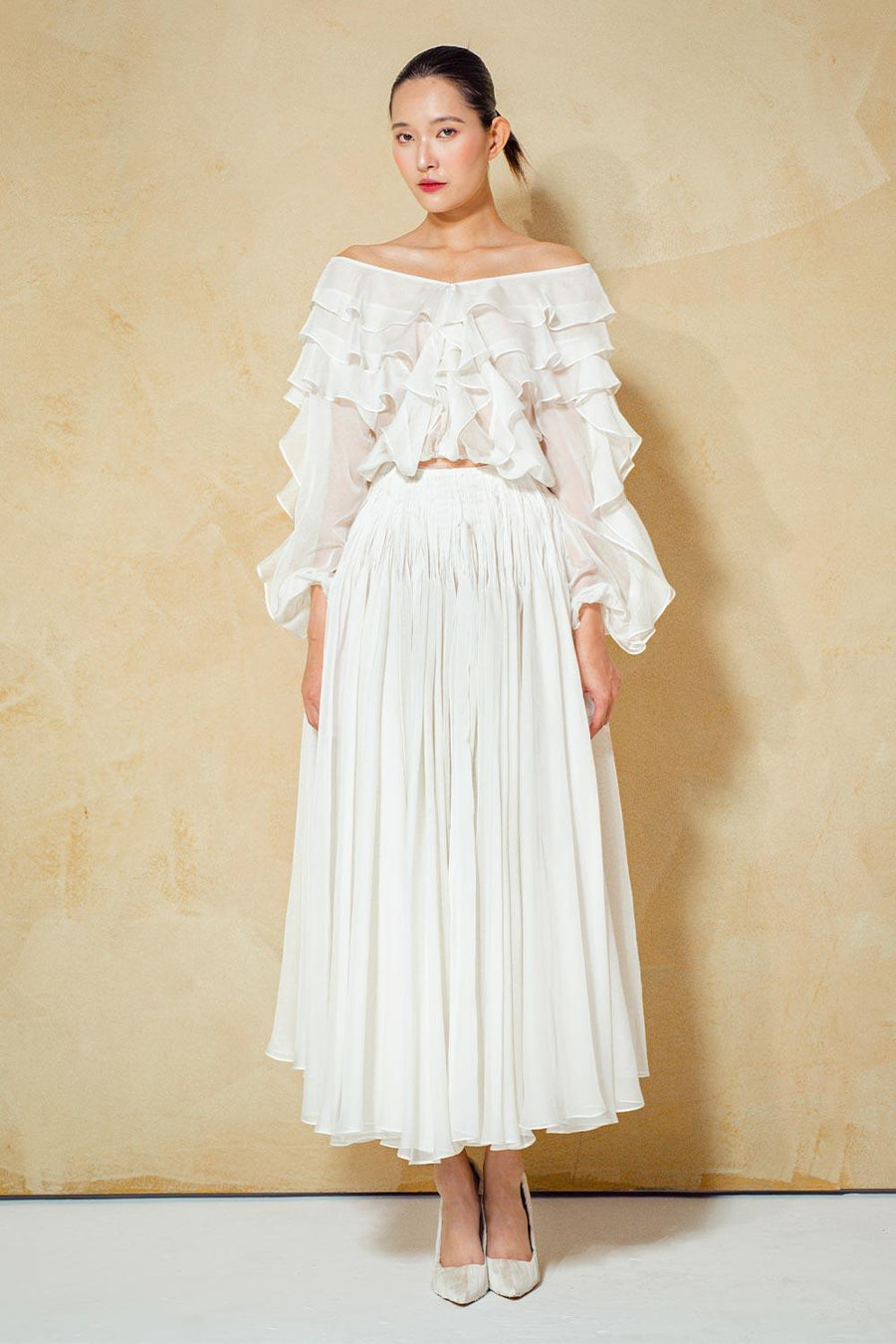 Primrose Blouson V-Neck Organza Voile Midi Dress 4