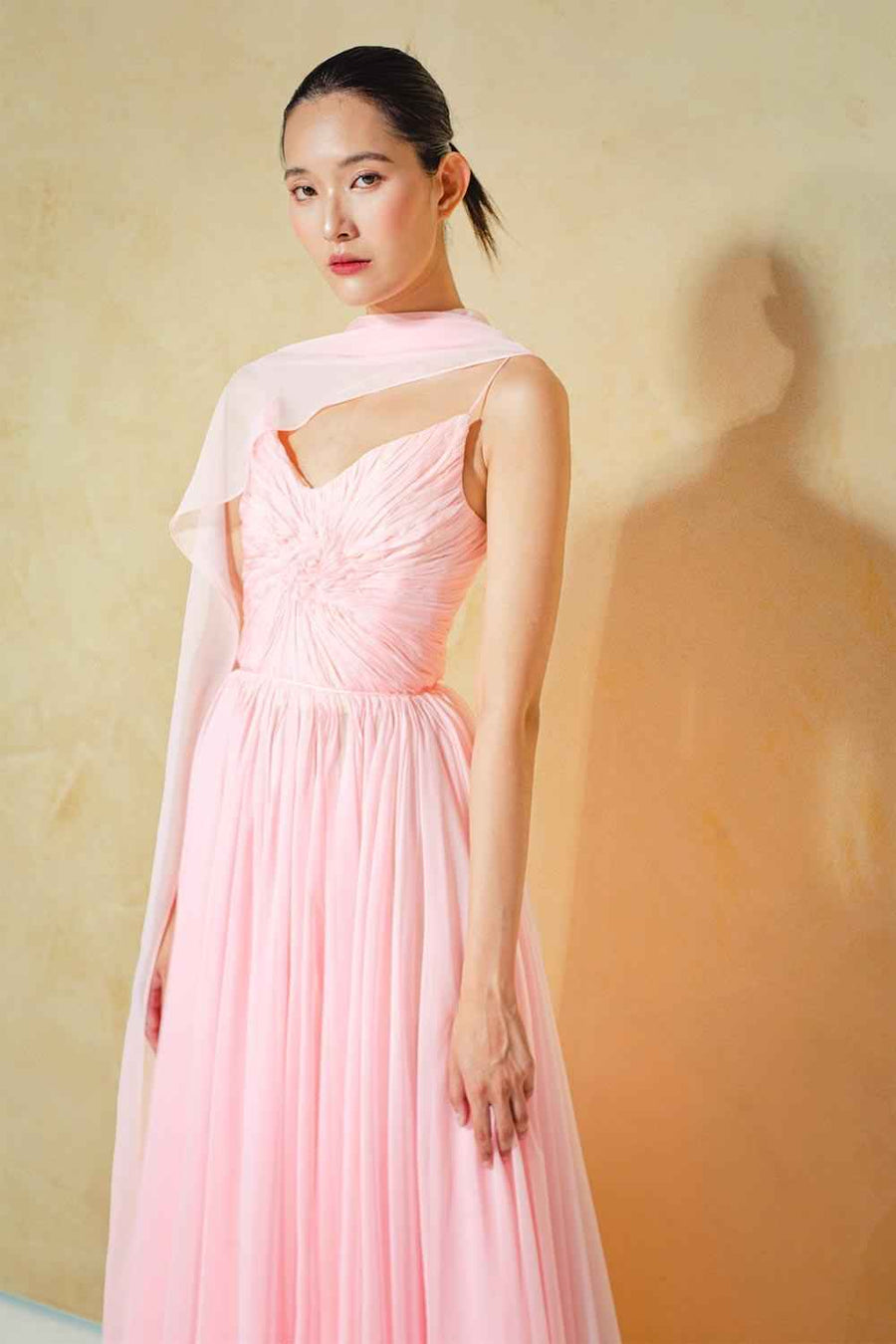 Reyna Gathered Draped Organza Voile Floor Length Dress
