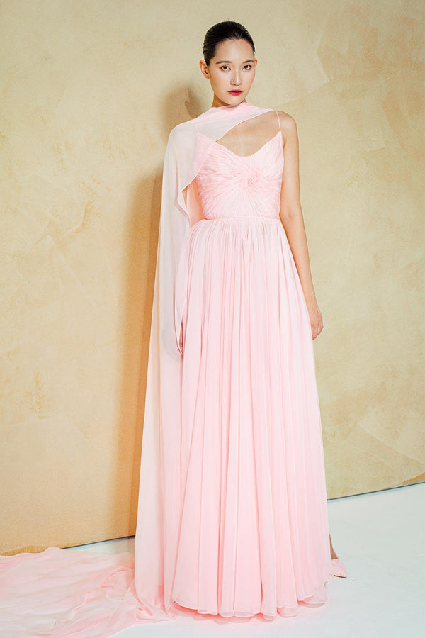 Reyna Gathered Draped Organza Voile Floor Length Dress