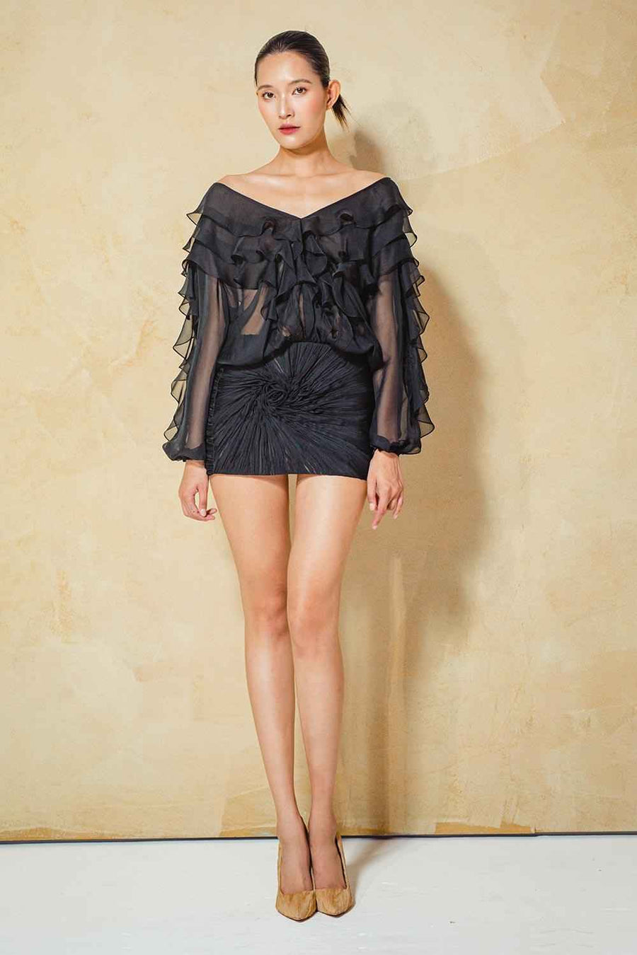 Ashton Blouson Ruffle Layer Organza Voile Mini Dress