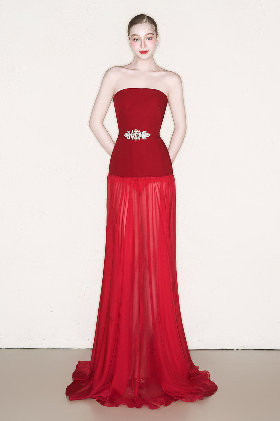 Kace Strapless See-Through Chiffon Floor Length Dress Gown Dress CEM
