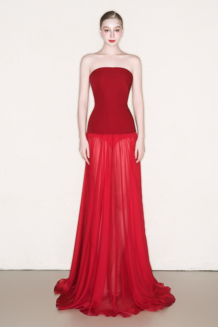Kace Strapless See-Through Chiffon Floor Length Dress Gown Dress CEM
