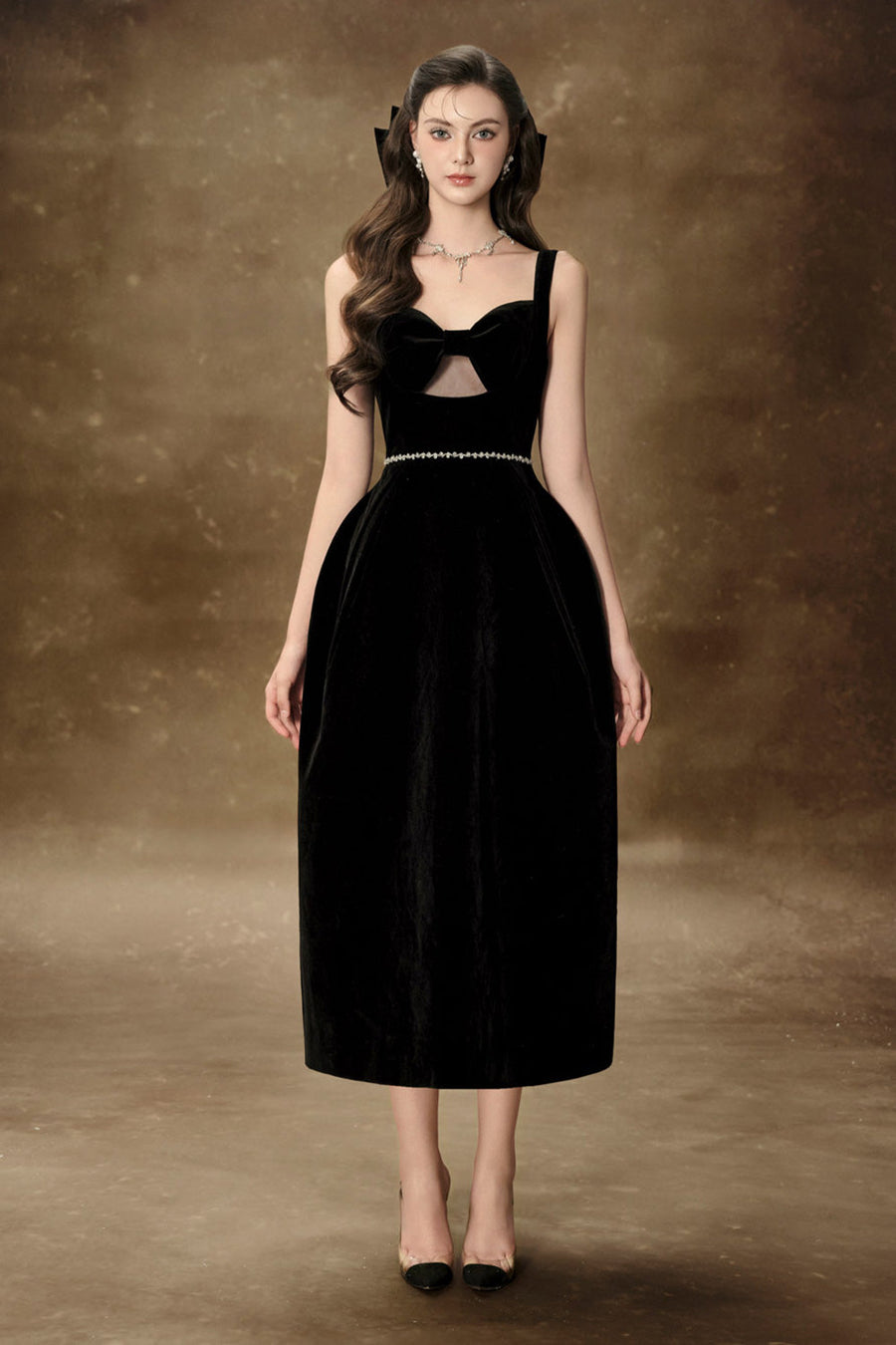 Ali A-line Semi-Heart Neck Velvet Midi Dress Midi Dress Delicate