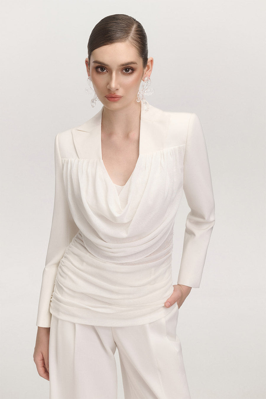 Jemmia Gathered Cowl Neck Cotton Blend Top Long Sleeved Top Arti Apparel