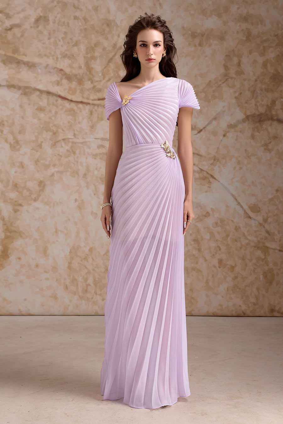 Virelle Pleated Asymmetric Neck Organza Floor Length Dress 7