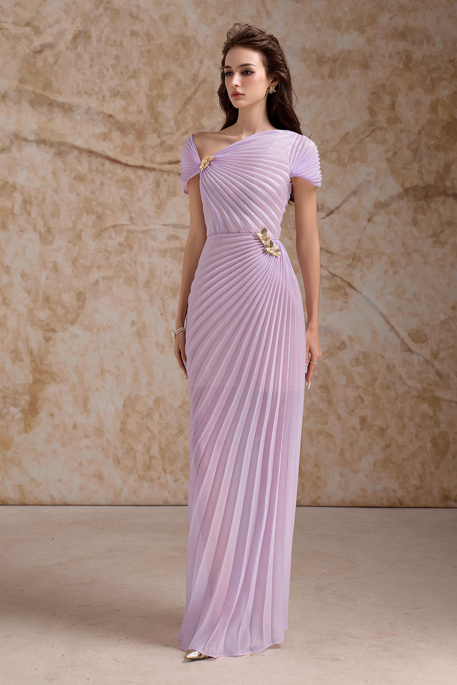 Virelle Pleated Asymmetric Neck Organza Floor Length Dress 6