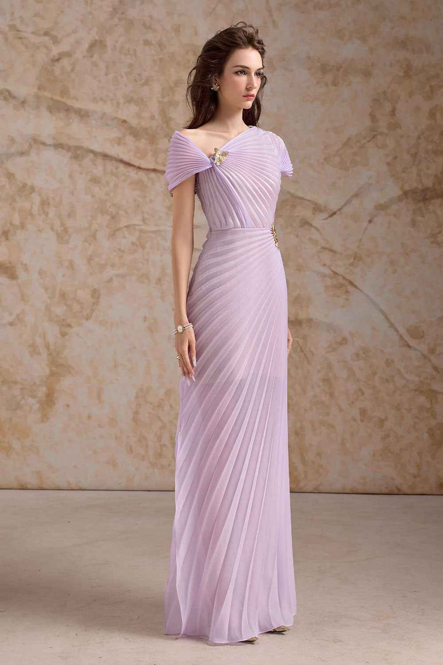 Virelle Pleated Asymmetric Neck Organza Floor Length Dress