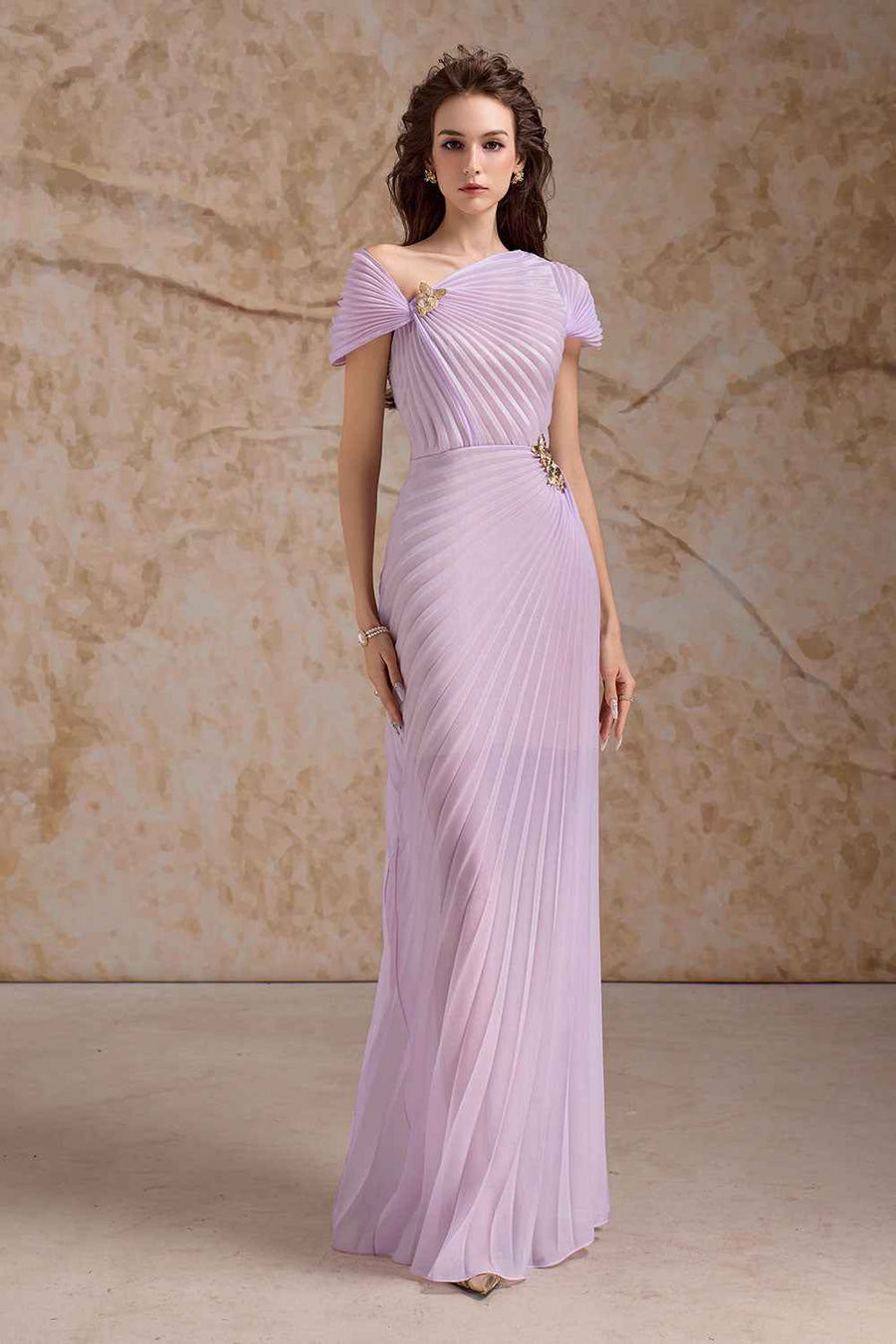 Virelle Pleated Asymmetric Neck Organza Floor Length Dress