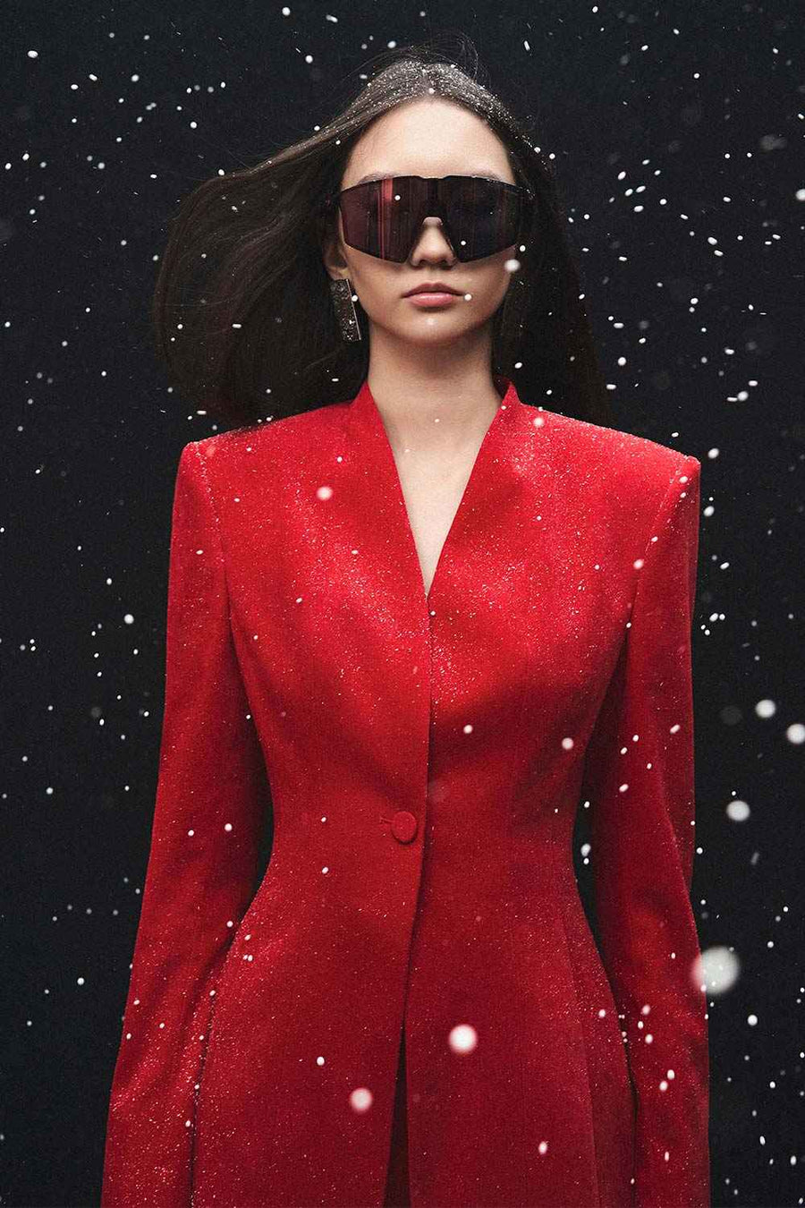 Matilda Structured Square Shoulder Velvet Blazer