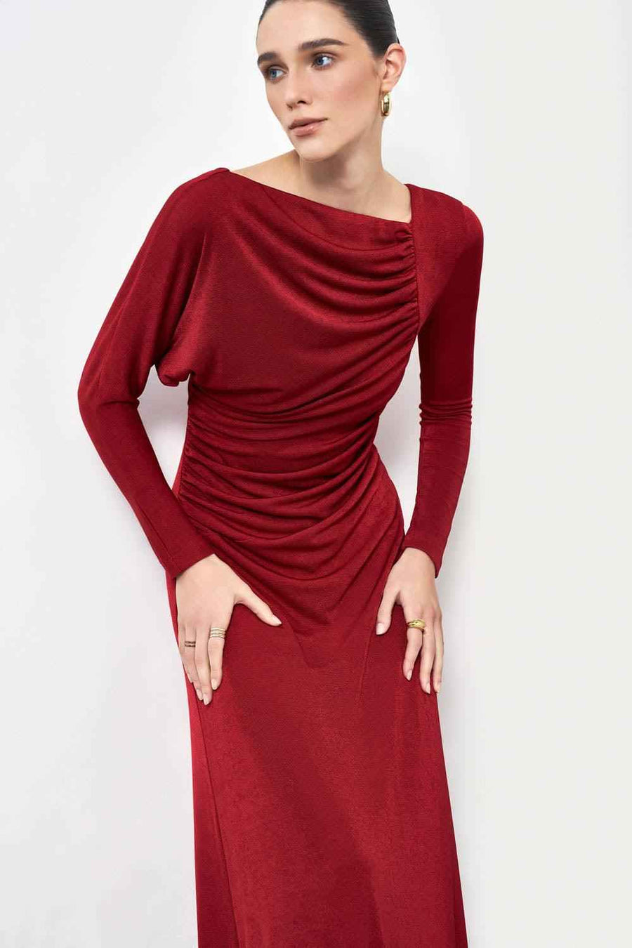 Daphne A-line Gathered Spandex Floor Length Dress Red Maxi Dress Eegen Studio