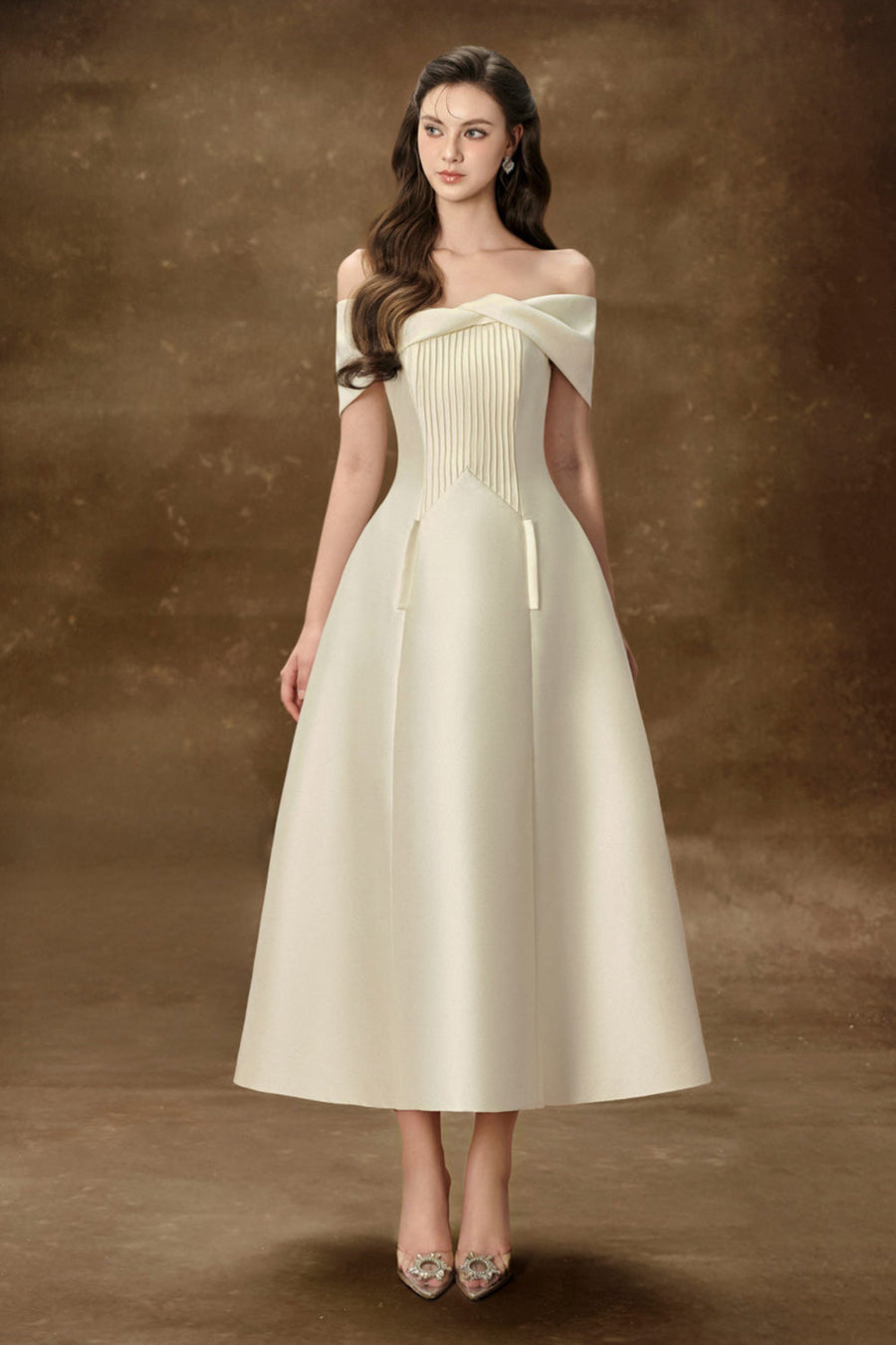 Hebera A-line Off-Shoulder Trerena Taffeta Midi Dress Midi Dress Delicate