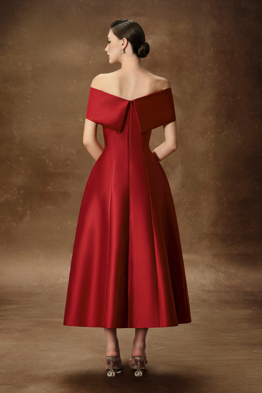 Hebera A-line Off-Shoulder Trerena Taffeta Midi Dress Midi Dress Delicate