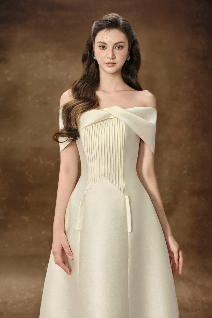 Hebera A-line Off-Shoulder Trerena Taffeta Midi Dress Cream Midi Dress Delicate