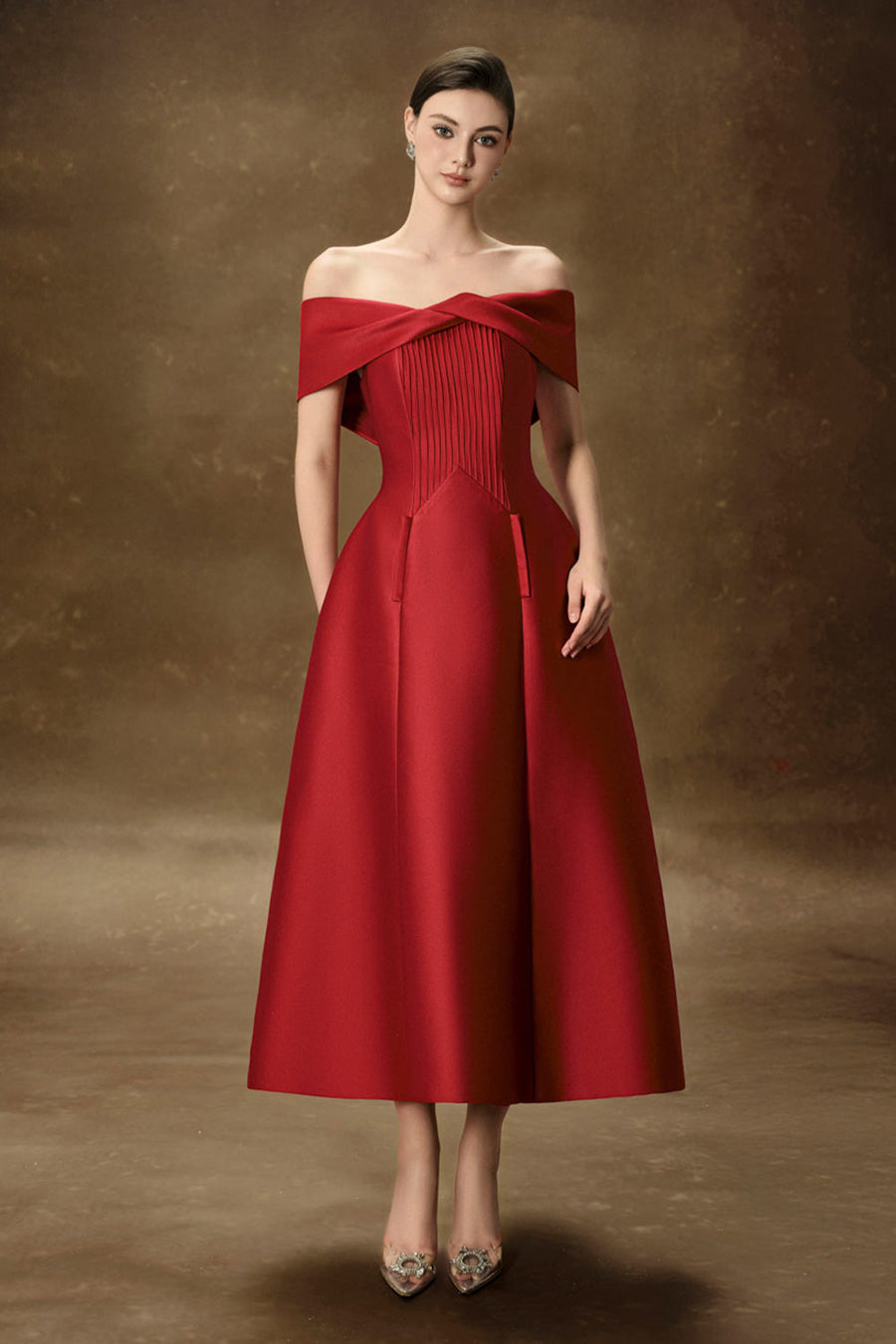 Hebera A-line Off-Shoulder Trerena Taffeta Midi Dress Midi Dress Delicate