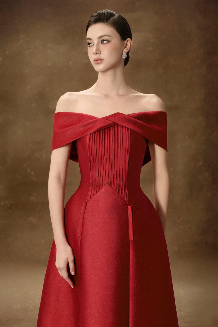 Hebera A-line Off-Shoulder Trerena Taffeta Midi Dress Burgundy Midi Dress Delicate