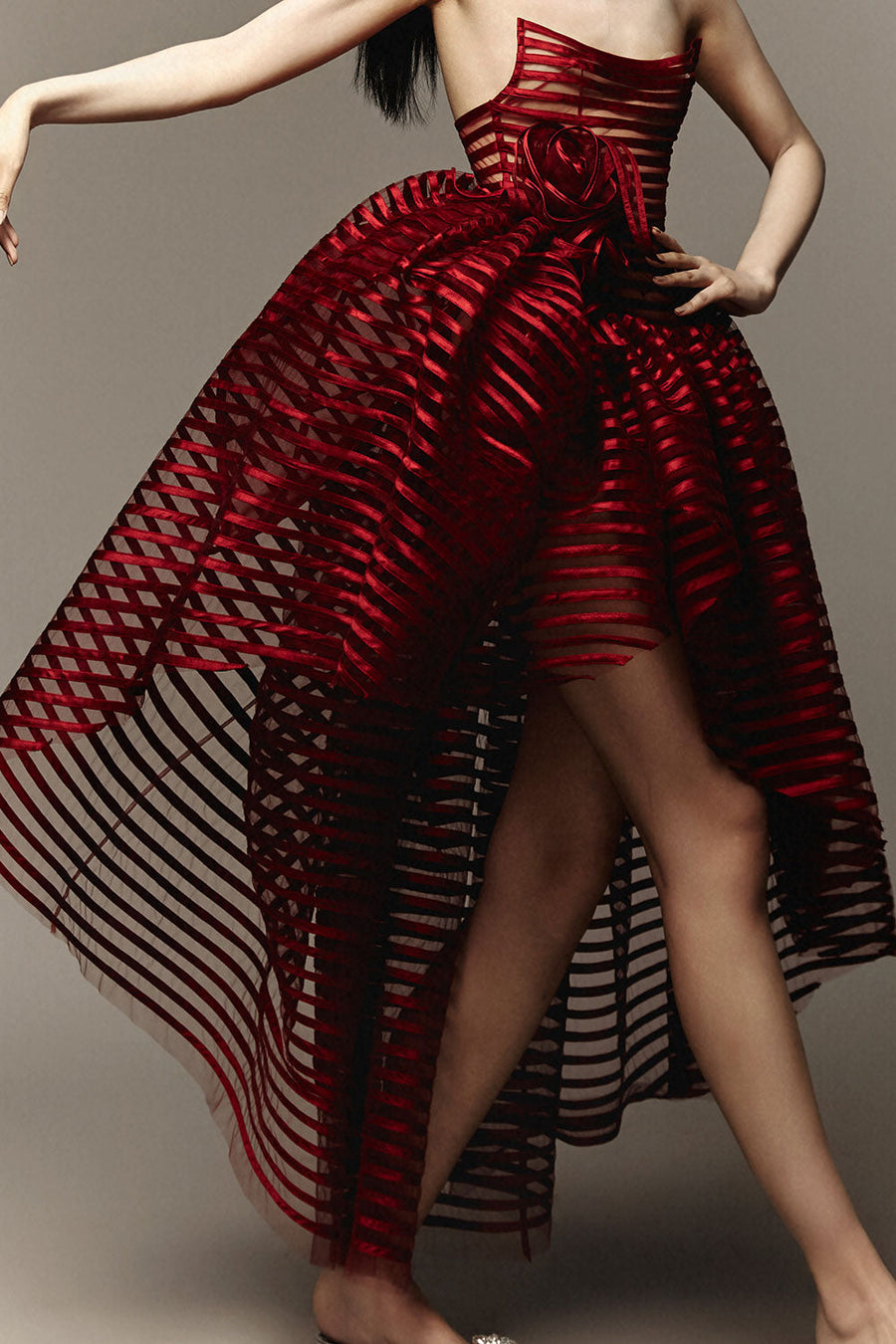 Halona Ball Gown Open Shoulder Mesh Midi Dress Maroon Midi Dress DAS LA VIE