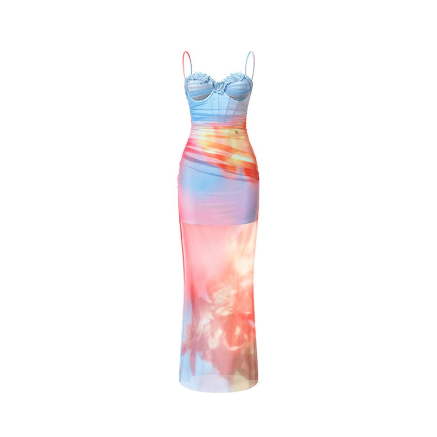 Sheer Luck Floral Mesh Ink Strap Vacation Style Two Piece Fishbone Slimming Dress Long Skirt dress RESSALINA