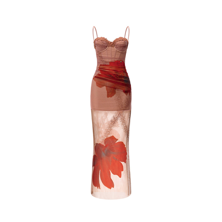 Sheer Luck Floral Mesh Ink Strap Vacation Style Two Piece Fishbone Slimming Dress Long Skirt dress RESSALINA