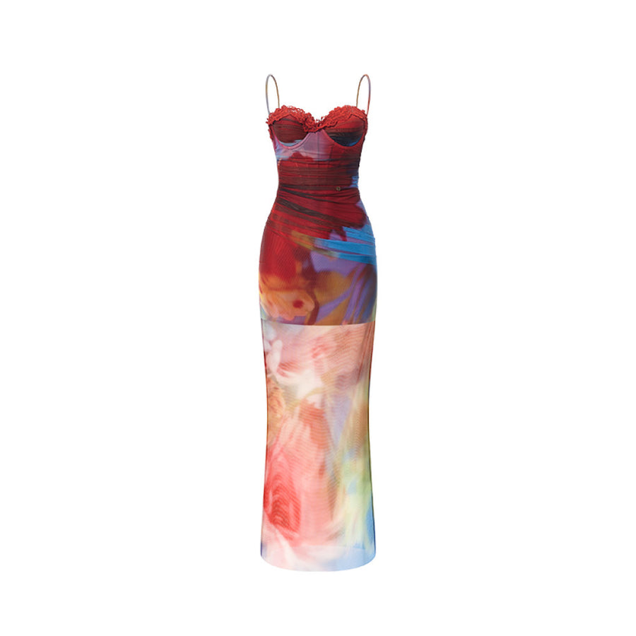 RESSALINA Floral Mesh Ink Strap Vacation Style Two Piece Fishbone Slimming Dress Long Skirt Colorful deep red dress RESSALINA
