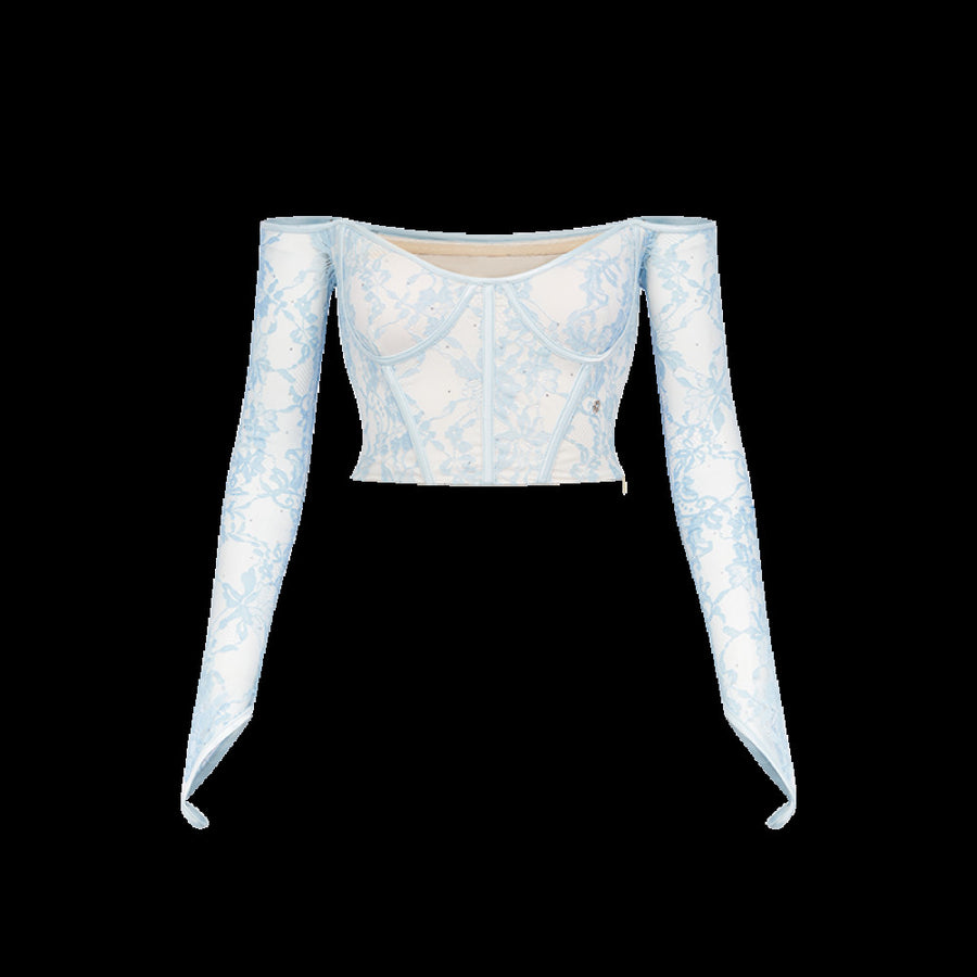 RESSALINA Camila lace rhinestone fish bone strapless summer waist cinching slimming one shoulder long sleeved top tops RESSALINA