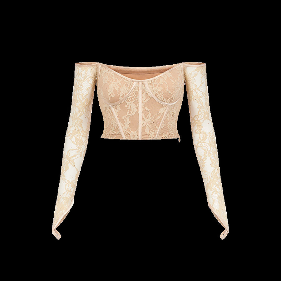 RESSALINA Camila lace rhinestone fish bone strapless summer waist cinching slimming one shoulder long sleeved top tops RESSALINA