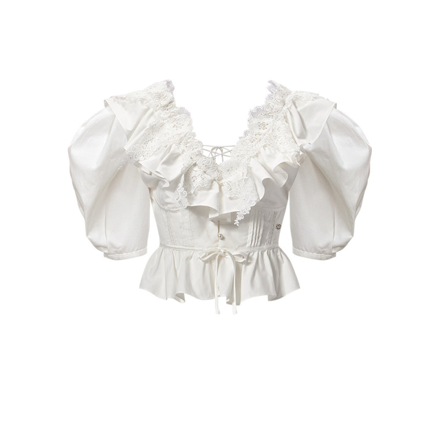RESSALINA Diane Deep V neck Back Strap Ruffle Short Top Lace Splicing Bubble Sleeves T shirt tops RESSALINA