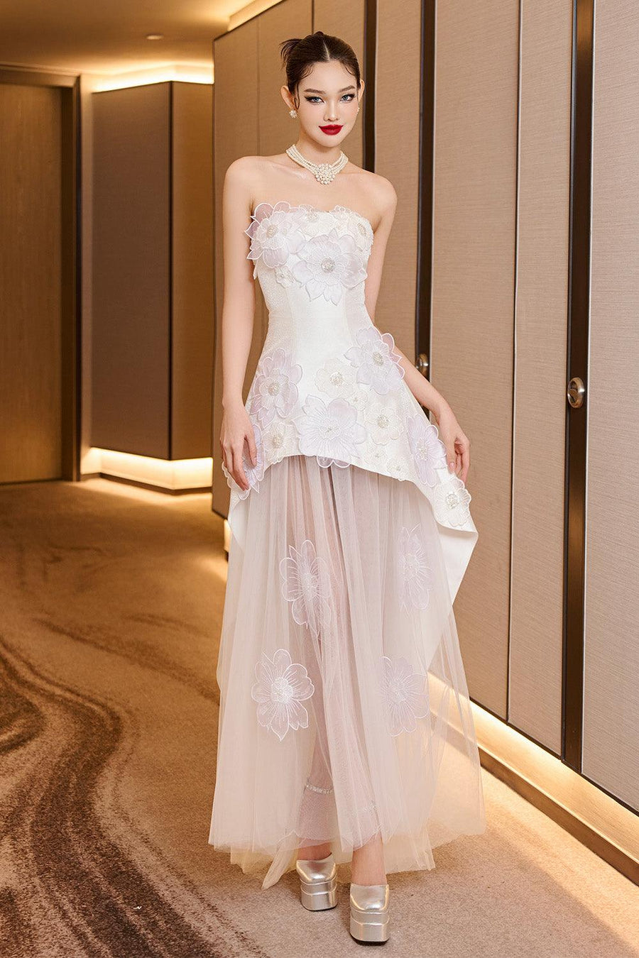 Opulent Layered Straight Across Neck Mesh Taffeta Floor Length Dress 1