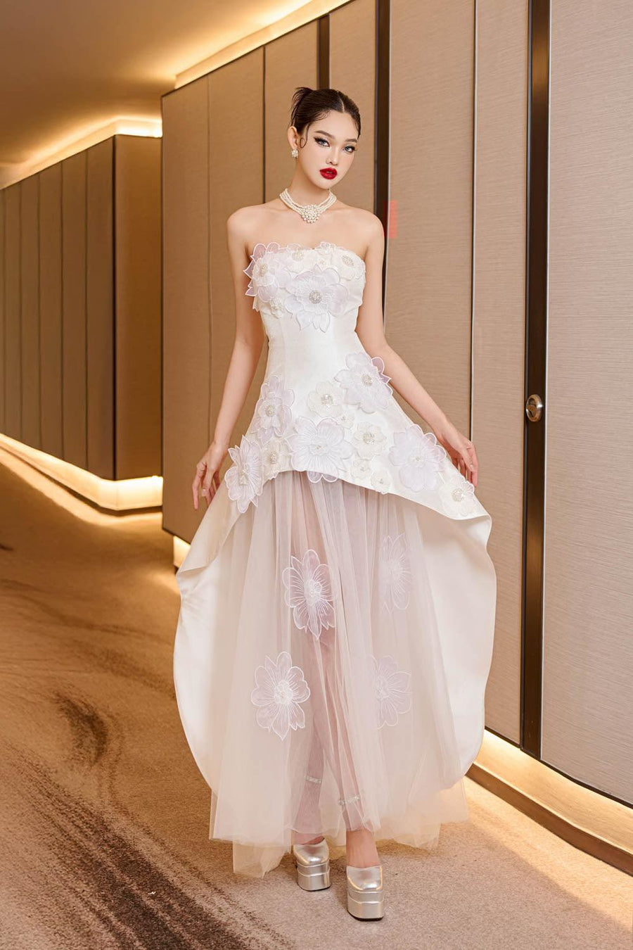 Opulent Layered Straight Across Neck Mesh Taffeta Floor Length Dress 6