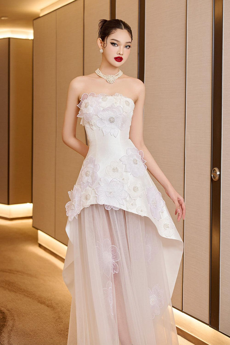 Opulent Layered Straight Across Neck Mesh Taffeta Floor Length Dress 3