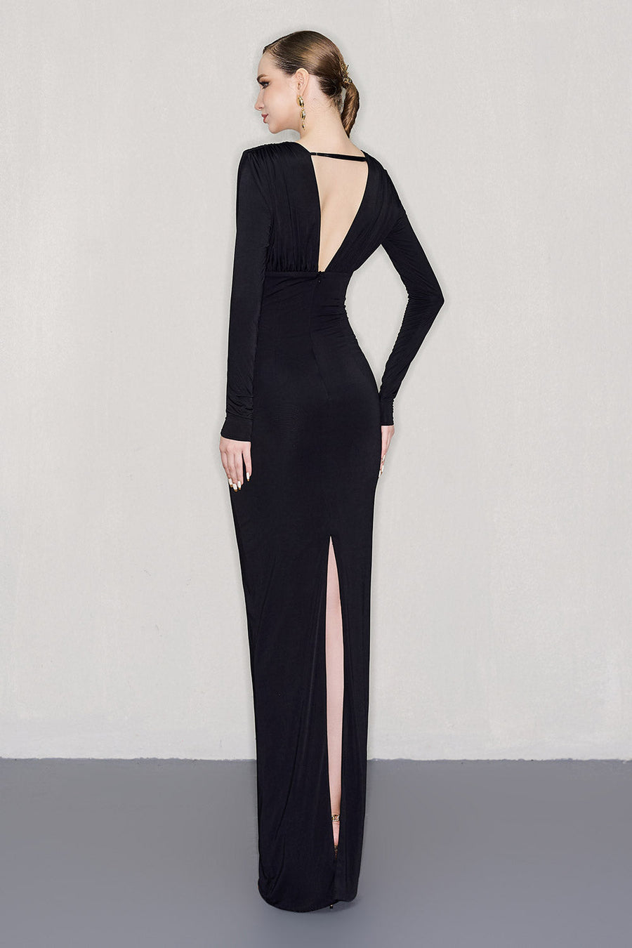 Magana Hourglass Plunge Neck Elastic Spandex Floor Length Dress Maxi Dress CEM