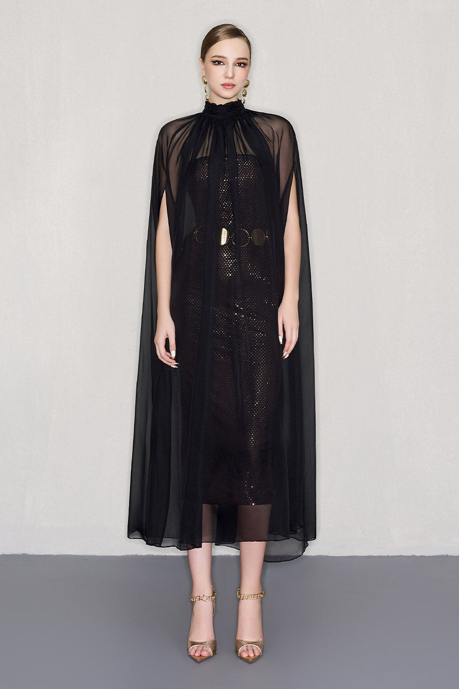 Cain Cape High Neck Organza Voile Midi Set Set CEM