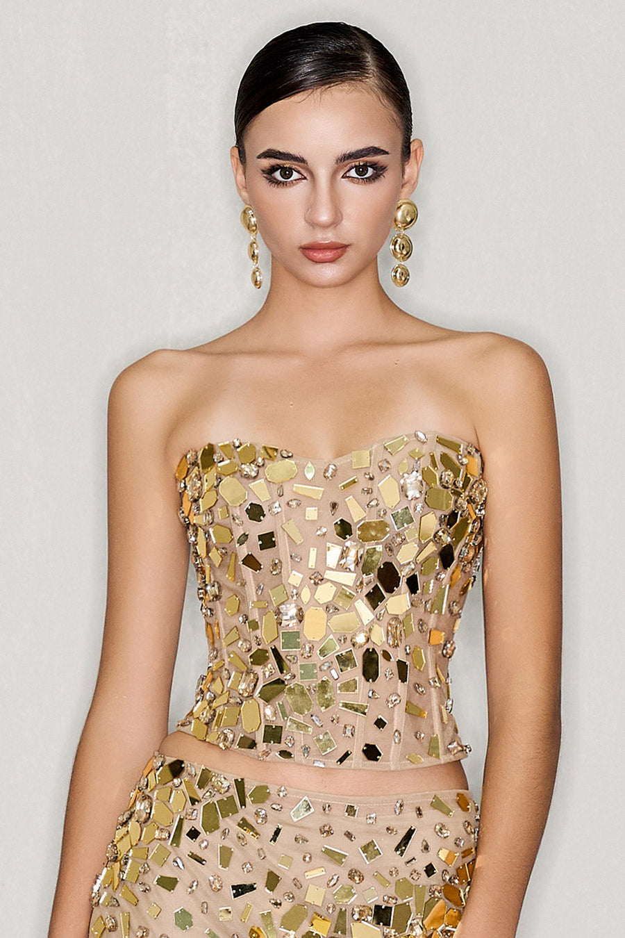 Ariyah Bodycon Semi-Heart Neck Mesh Top Gold Sleeveless Top CEM
