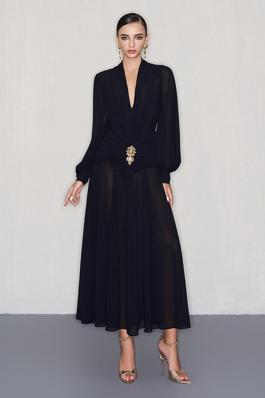 Cairo A-line Bishop Sleeved Chiffon Ankle Length Dress Maxi Dress CEM