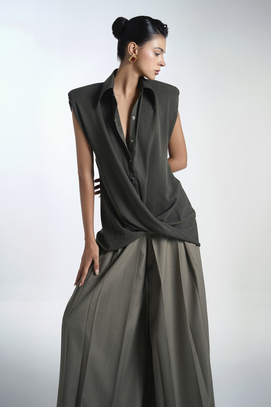 Van A-line Draped Crinkle Crepe Floor Length Pants 4