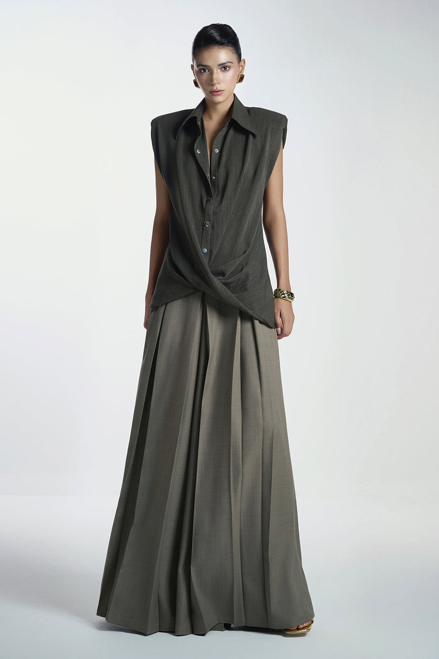 Van A-line Draped Crinkle Crepe Floor Length Pants 1