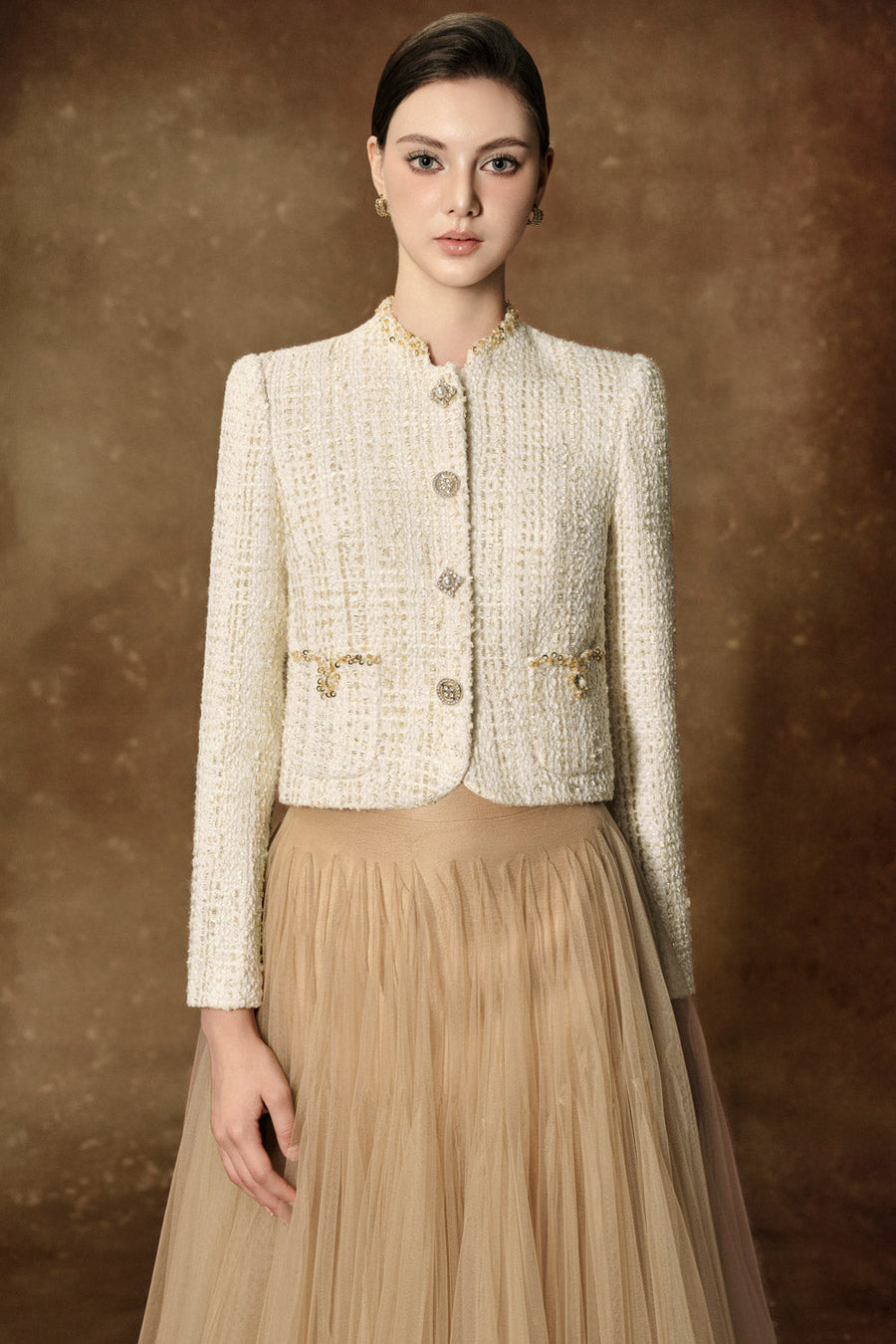 Rowena Straight Long Sleeved Tweed Jacket Jacket Delicate