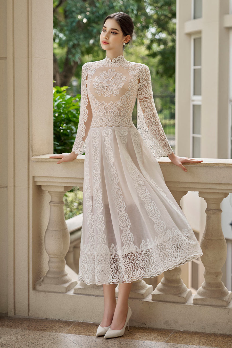 Rosie Pleated Slit Sleeved Mesh Lace Midi Dress Midi Dress Rosee de Matin