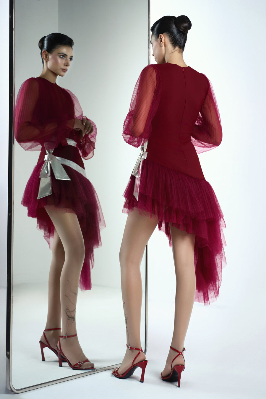 Alia Asymmetric Bishop Sleeved Twill Midi Dress 3
