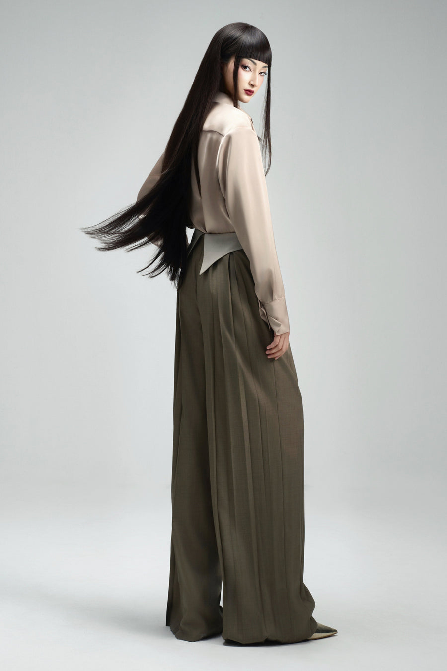 Francesca Straight Box Pleated Khaki Floor Length Pants 6